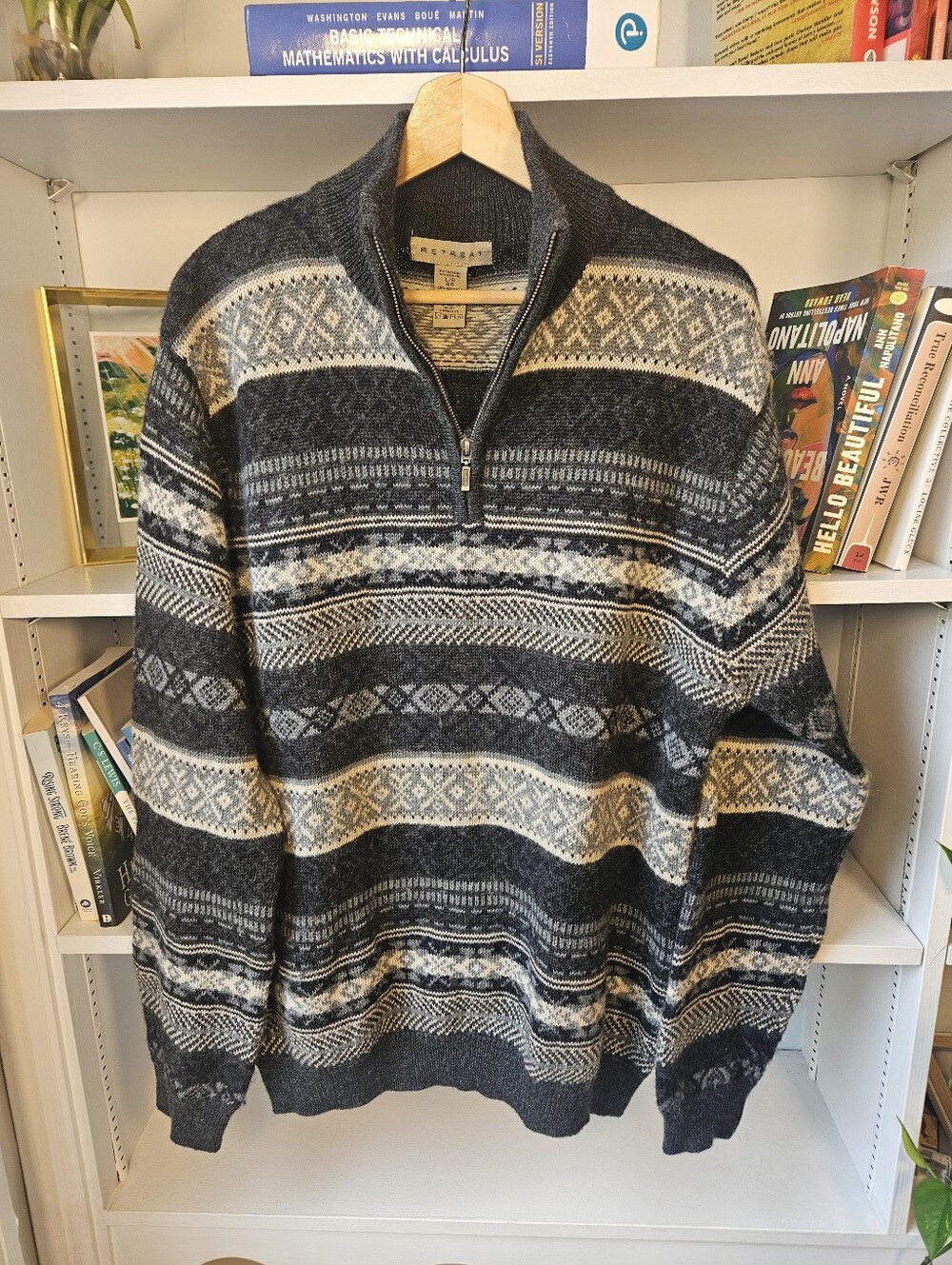 Men's Fair Isle Quarter Zip Sweater Blue Gray Wool Blend Large Academia Grandpa